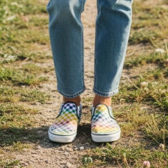 Rainbow Check Vans Slip-On | Youth 5Y Happy Pride Month!  fit ladies 7 - Picture 1 of 8